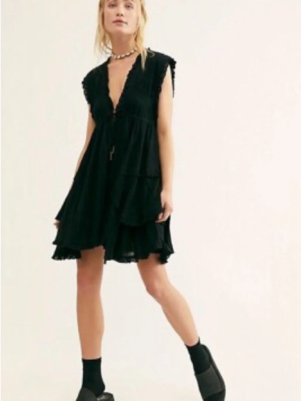 Free People Black Ruffle Tiered Mini Dress